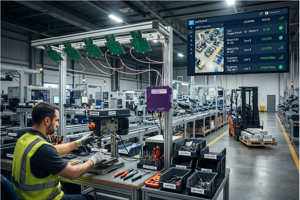 Long range RFID scanner for manufacturing asset tracking system