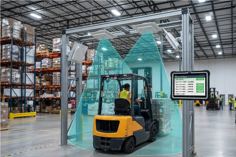 Warehouse gate using long range RFID scanner to identify pallets automatically