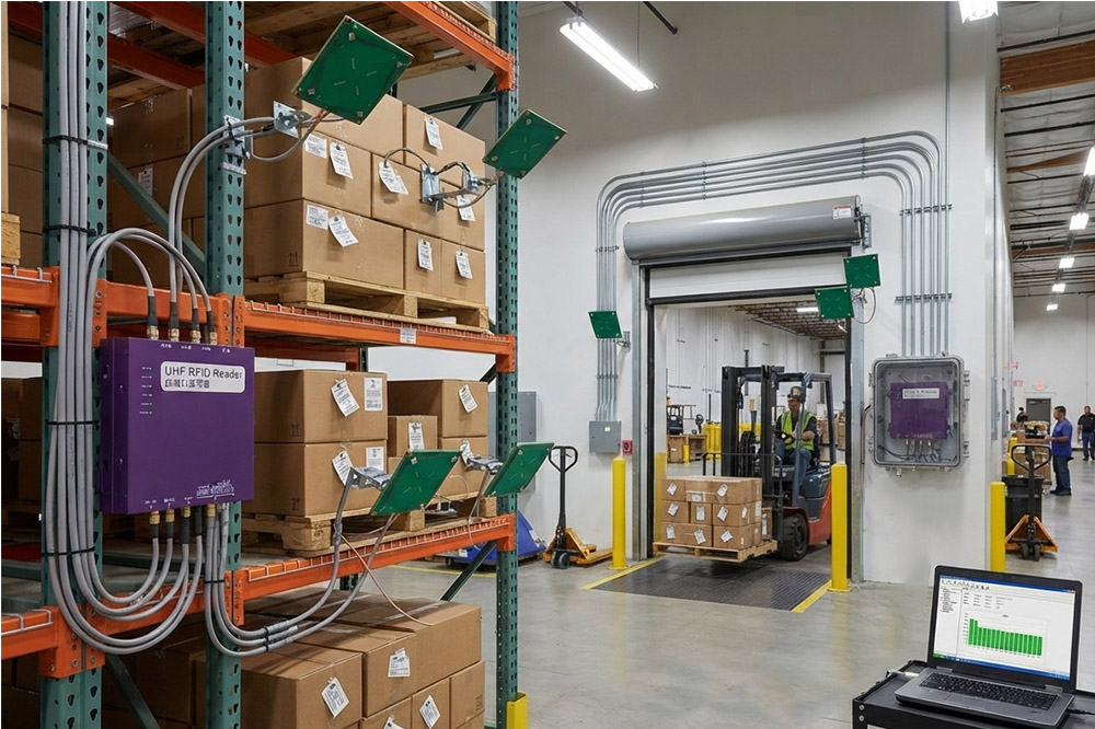 Fixed long range RFID scanner installation for warehouse tracking system