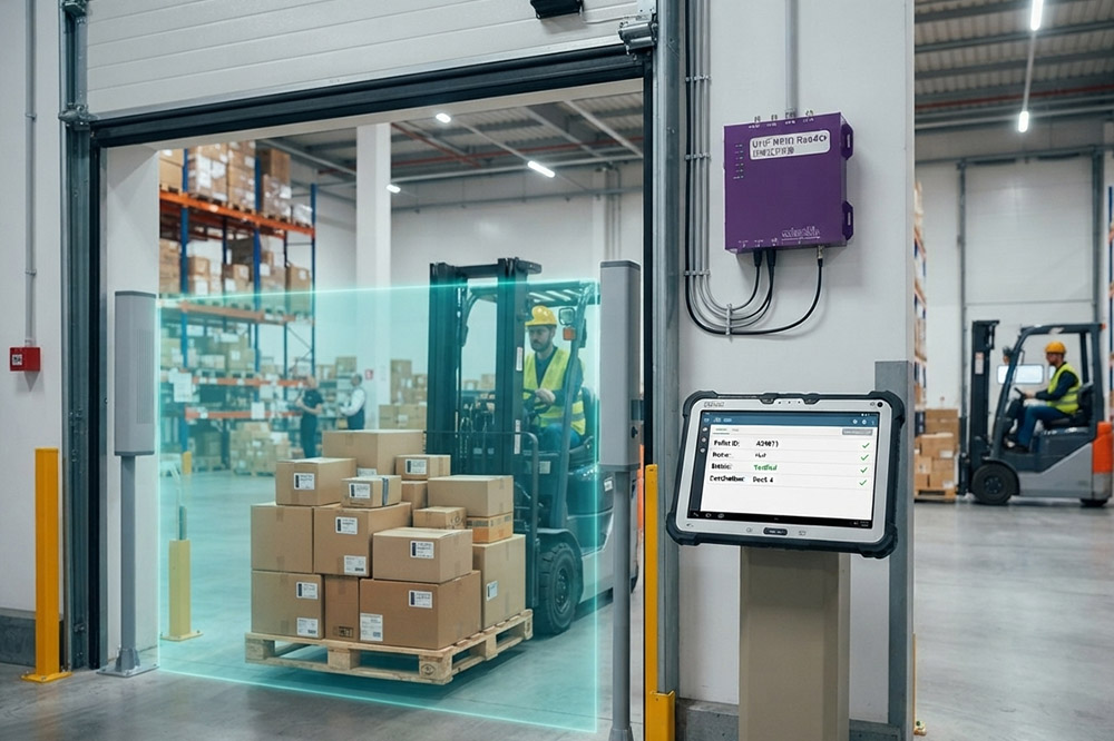 Fixed long range RFID scanner used for automatic warehouse inventory tracking