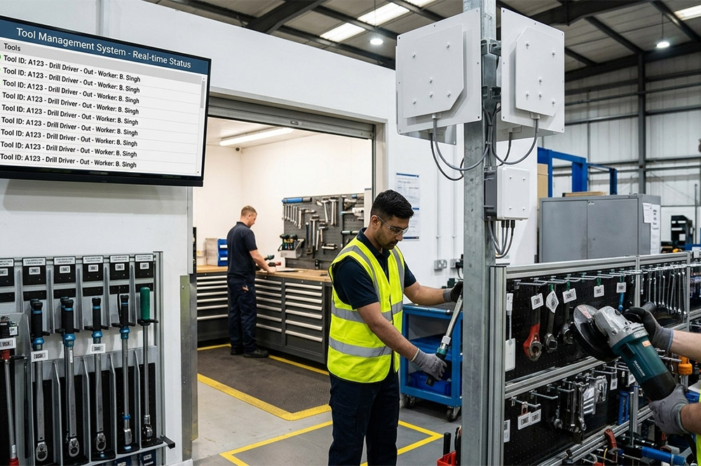 Long range RFID scanner for RFID tool tracking in a factory