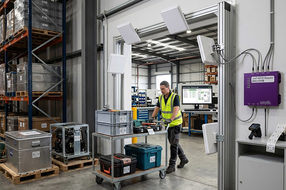 Long range RFID scanner tracking industrial equipment and containers