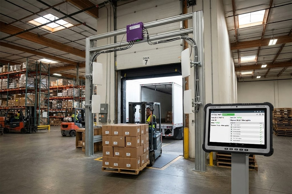 UHF RFID scanner automatically tracking pallets in a logistics warehouse