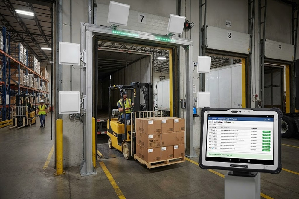 Long range RFID scanner used for automatic shipment verification at loading dock