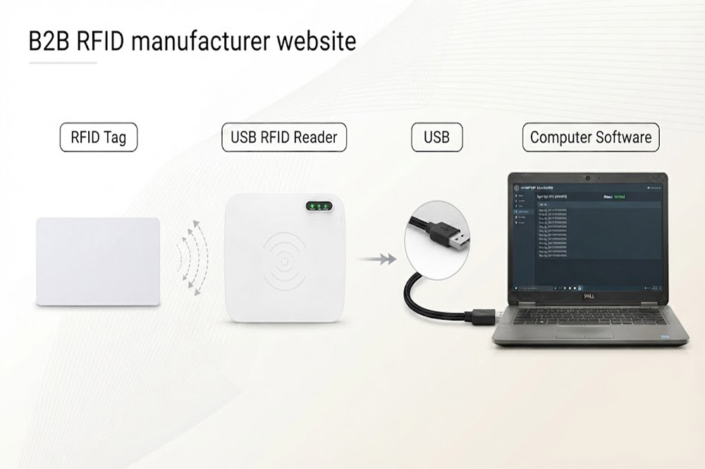 USB RFID scanner reading RFID tags and sending data to a computer