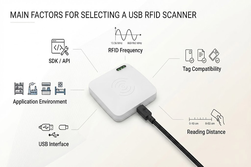USB RFID scanner selection factors including frequency range tag compatibility and software