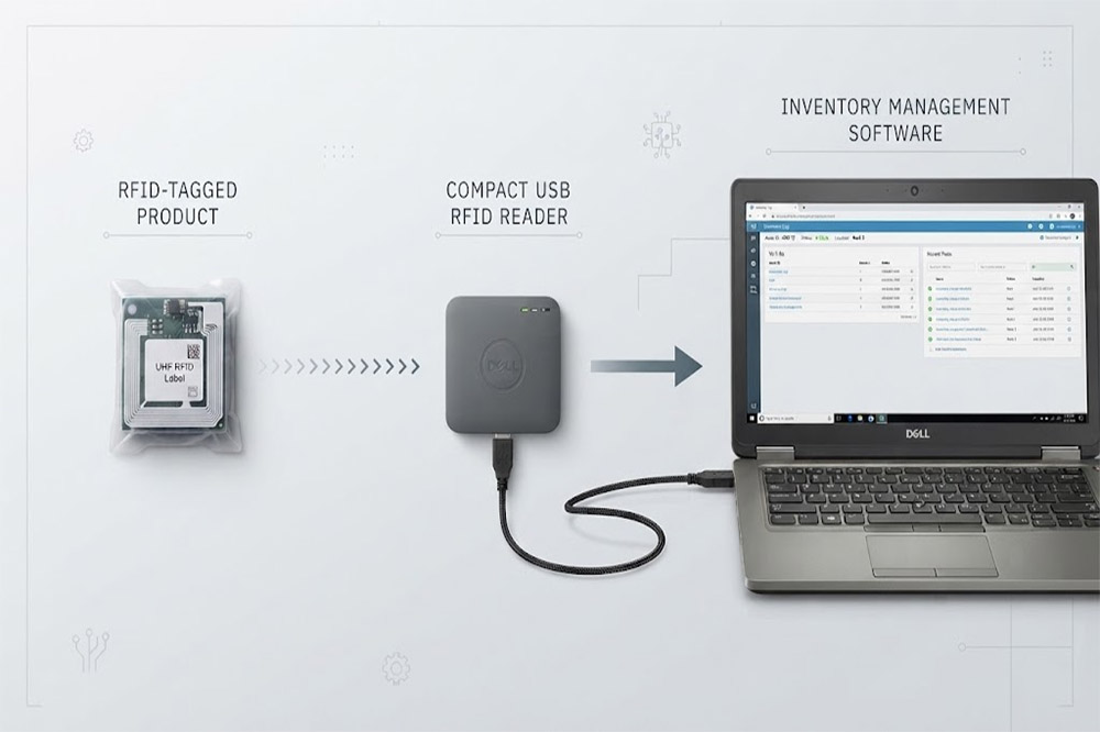 USB RFID Tag Reader for Inventory and Asset Tracking 1 USB RFID tag reader transferring RFID tag data to inventory software