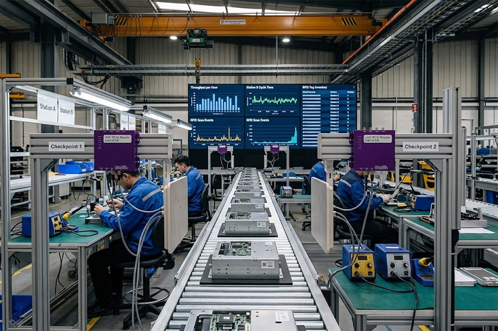Long Range RFID Scanner for Manufacturing: Tracking Production, Tools and Materials 1 UHF RFID scanner tracking components on a manufacturing production line