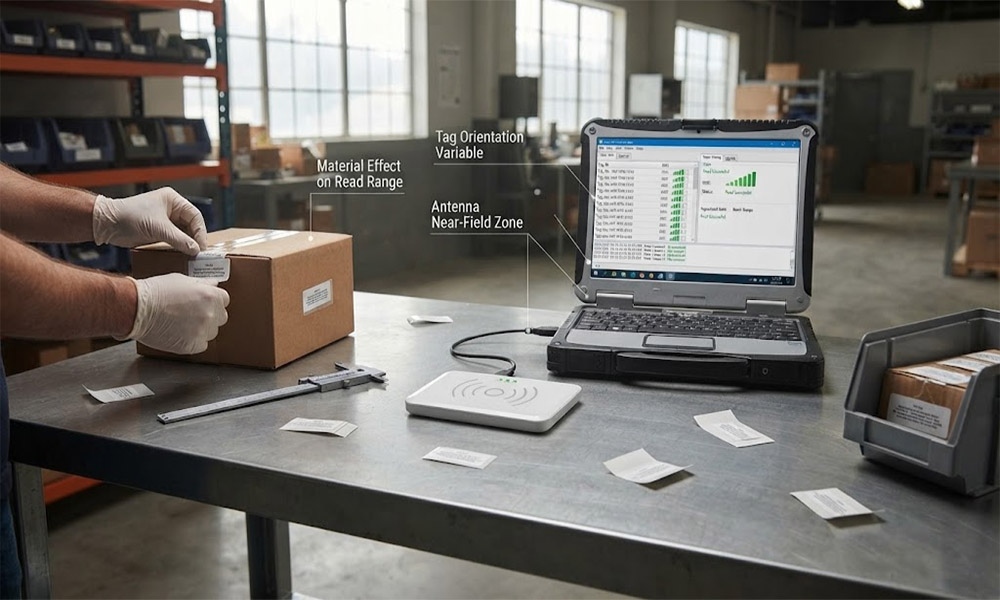 RFID tag orientation and materials affecting USB RFID reading distance