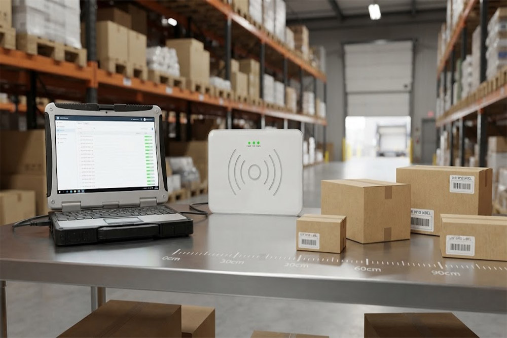 UHF USB RFID reader scanning RFID tagged products over distance