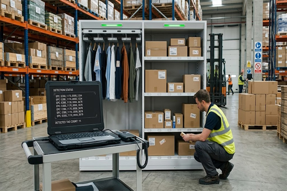UHF USB RFID reader identifying multiple RFID tags on warehouse products