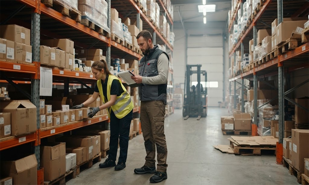 Warehouse workers manually counting products before RFID inventory scanning