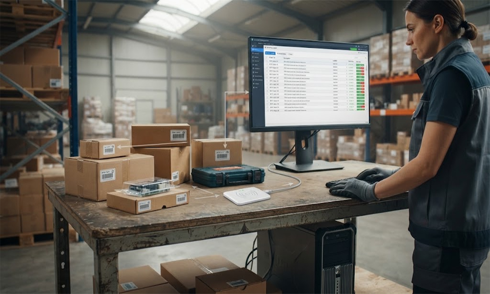 RFID inventory scanner automatically identifying tagged warehouse products