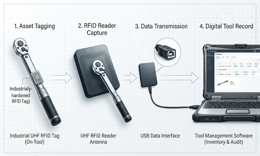 USB RFID Reader for Tool Management: Track Equipment Usage Easily 2 RFID tool tracking workflow from tagged tool to management software