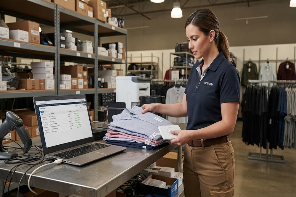 USB RFID reader identifying tagged retail products at a store workstation