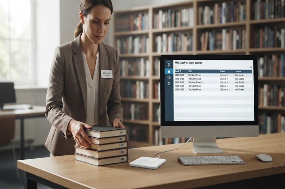 USB RFID reader identifying multiple tagged books in a library