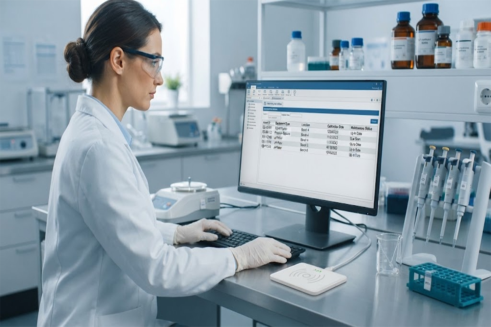 USB RFID reader identifying tagged laboratory equipment