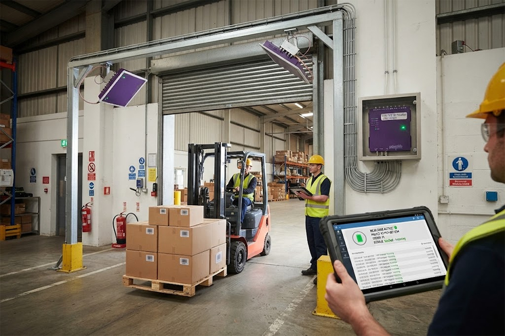 Long range RFID reader tracking pallets at a warehouse entrance