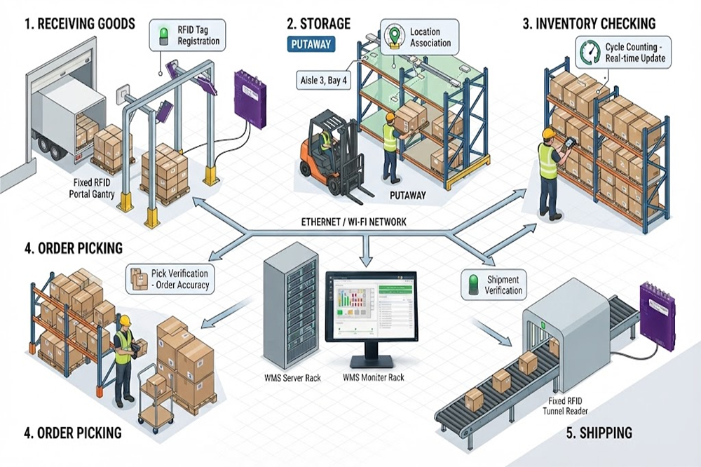 RFID warehouse inventory tracking workflow from receiving to shipping