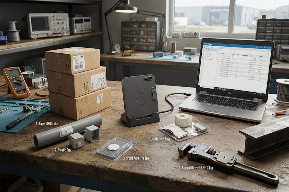 USB RFID reader testing different RFID tag types on various products