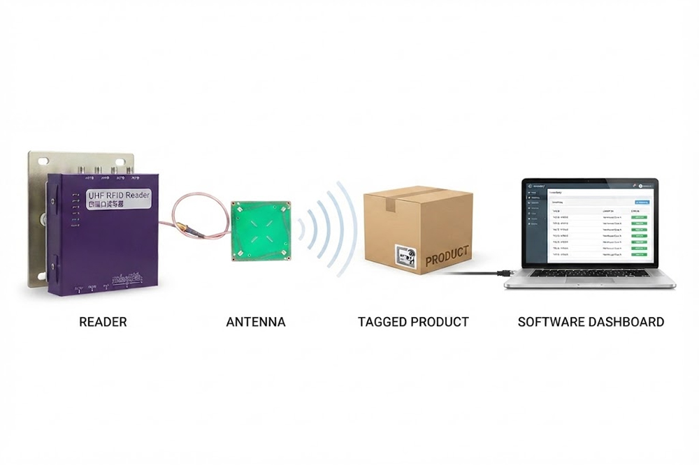 RFID reader antenna communicating wirelessly with an RFID tag