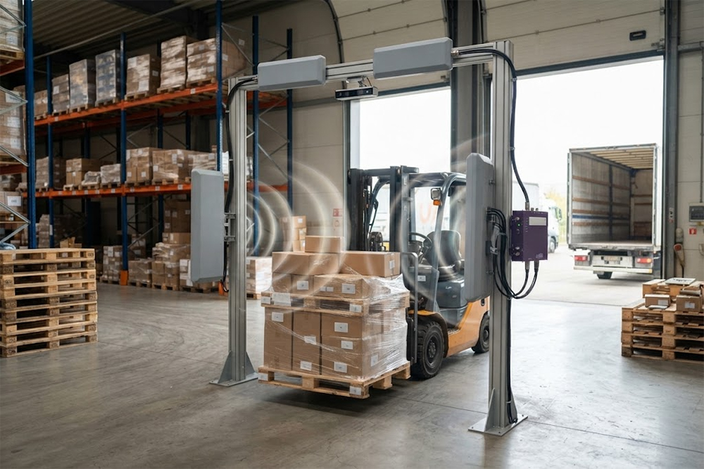 Fixed UHF RFID reader and antennas tracking pallets at a warehouse gate