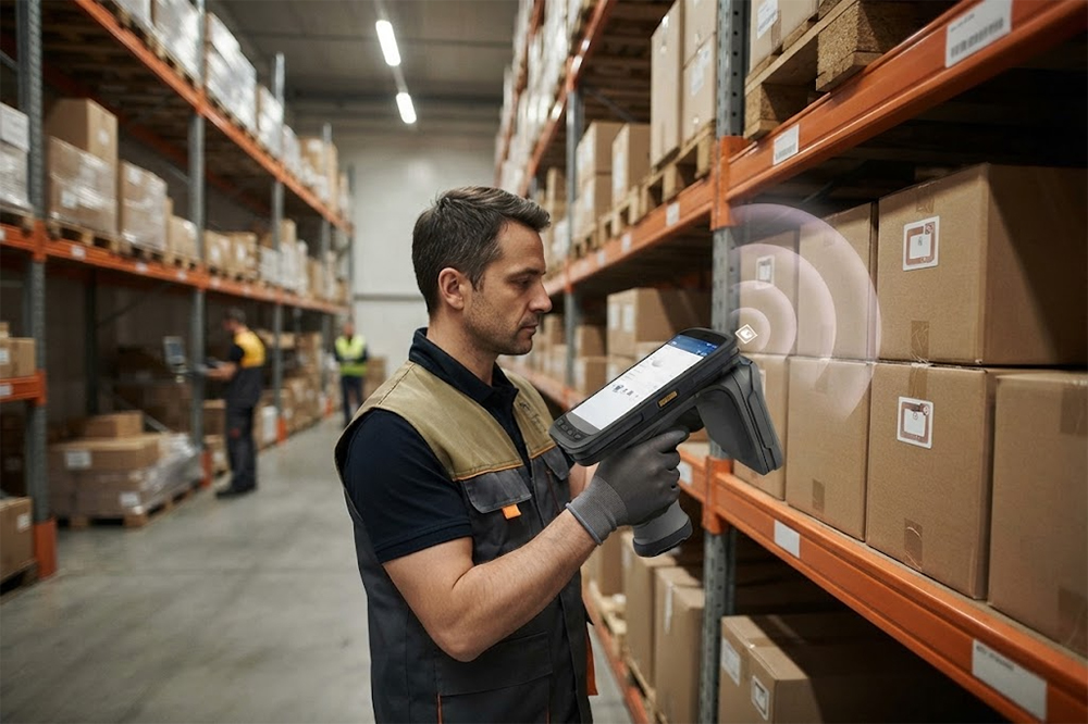 Worker using a handheld RFID reader to scan tagged inventory in a warehouse