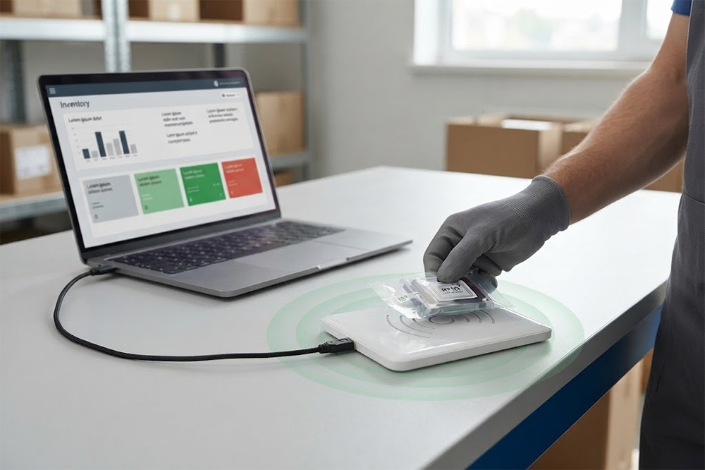 USB RFID reader on a desktop workstation reading a tagged product