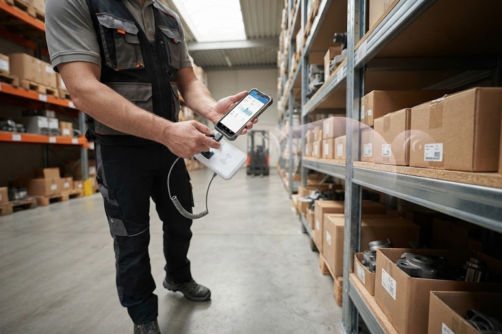 Portable RFID reader connected to a smartphone for mobile inventory tracking