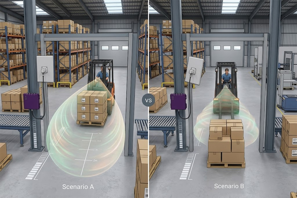 How to Choose the Right RFID Reader for Your Application 3 UHF RFID antenna creating a controlled reading zone around tagged pallets