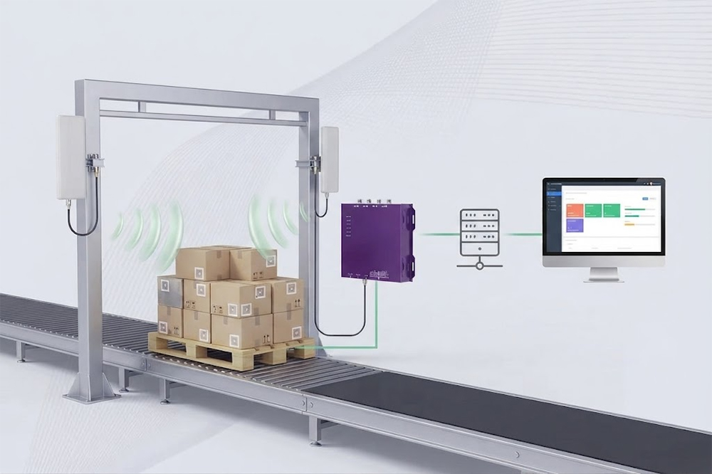 Fixed RFID reader sending signals through antennas to detect tagged pallets