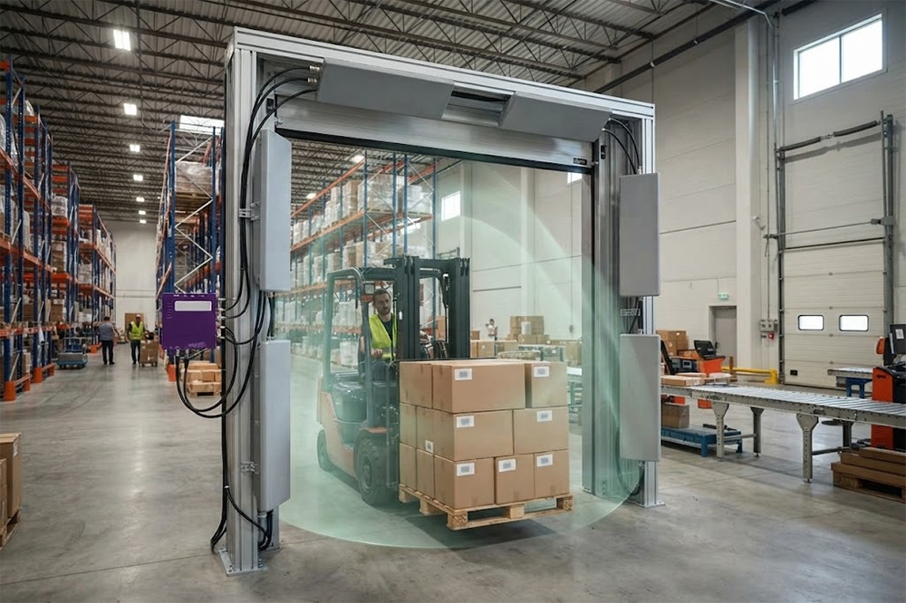 UHF fixed RFID reader automatically tracking pallets at warehouse entrance