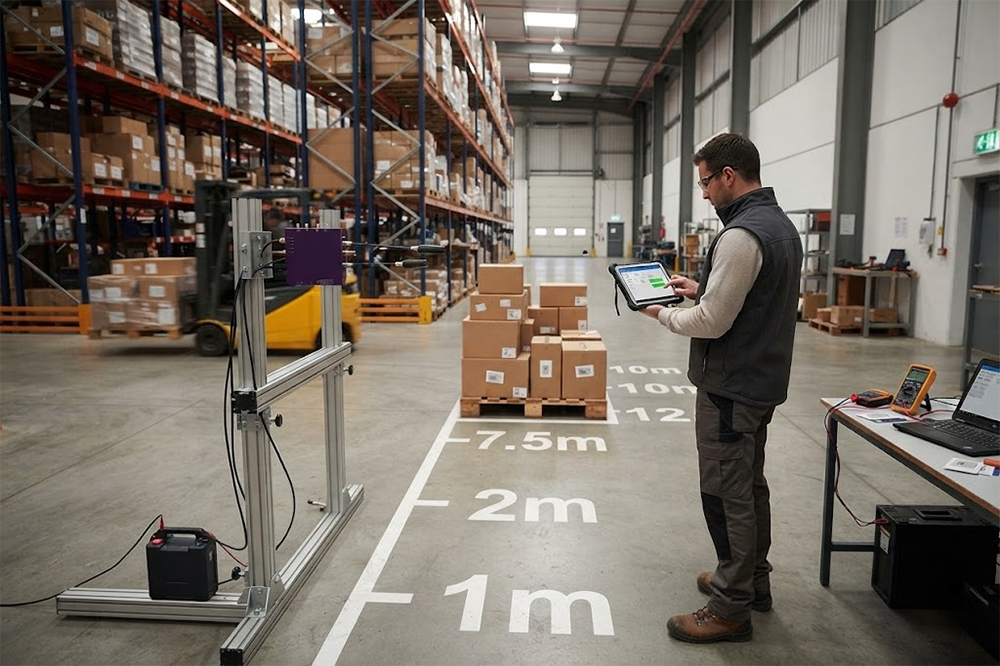 Engineer testing UHF RFID reader distance with tagged pallet in warehouse