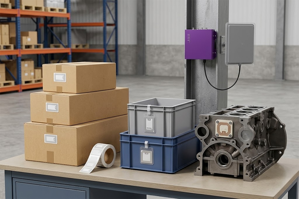 RFID tags attached to cardboard plastic and metal warehouse items