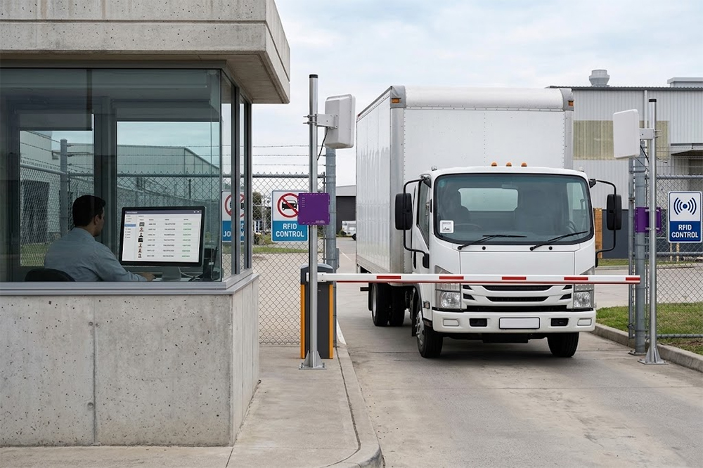 UHF RFID gate reader identifying an authorized vehicle at a factory entrance