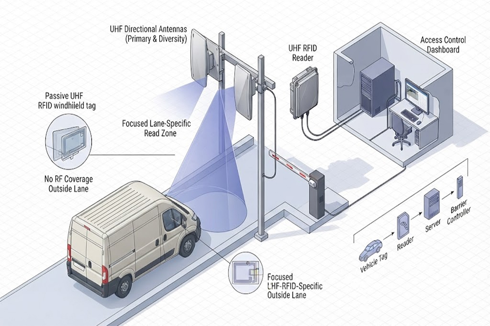 Controlled RFID reading zone for long range access control