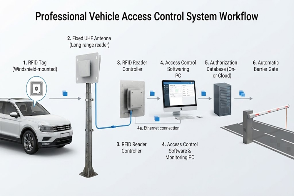 Long range RFID access control system architecture with gate reader