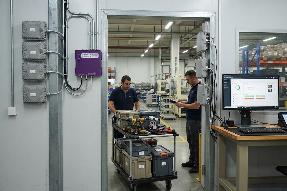 Fixed long range RFID reader tracking assets at a factory entrance