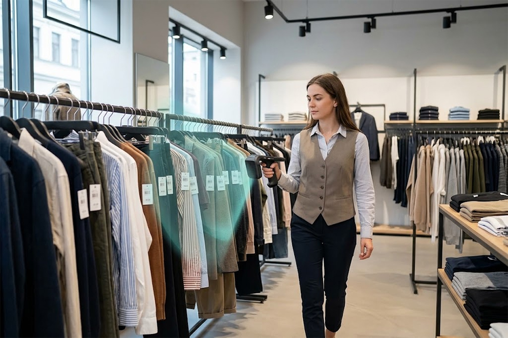 Employee using handheld UHF RFID reader to count retail clothing inventory