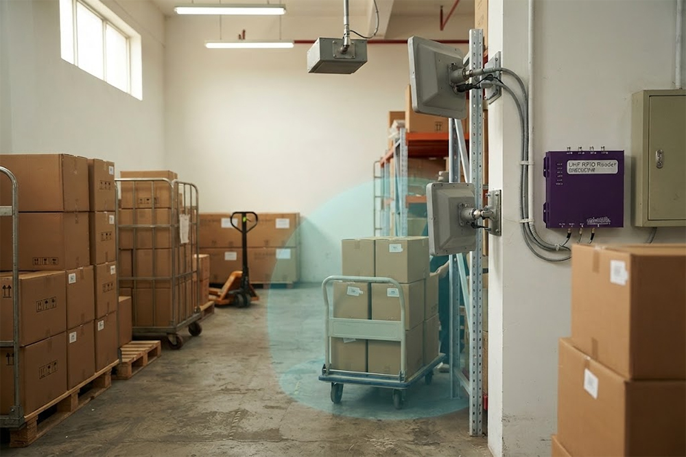 Fixed RFID reader identifying tagged products in retail receiving area