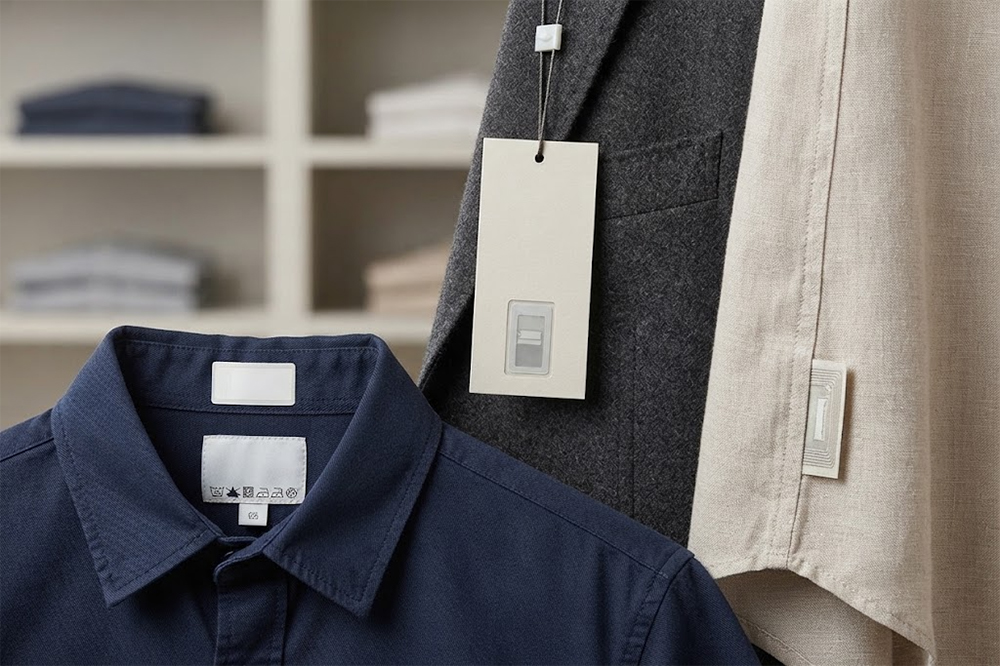 UHF RFID tags attached to clothing labels for retail inventory tracking