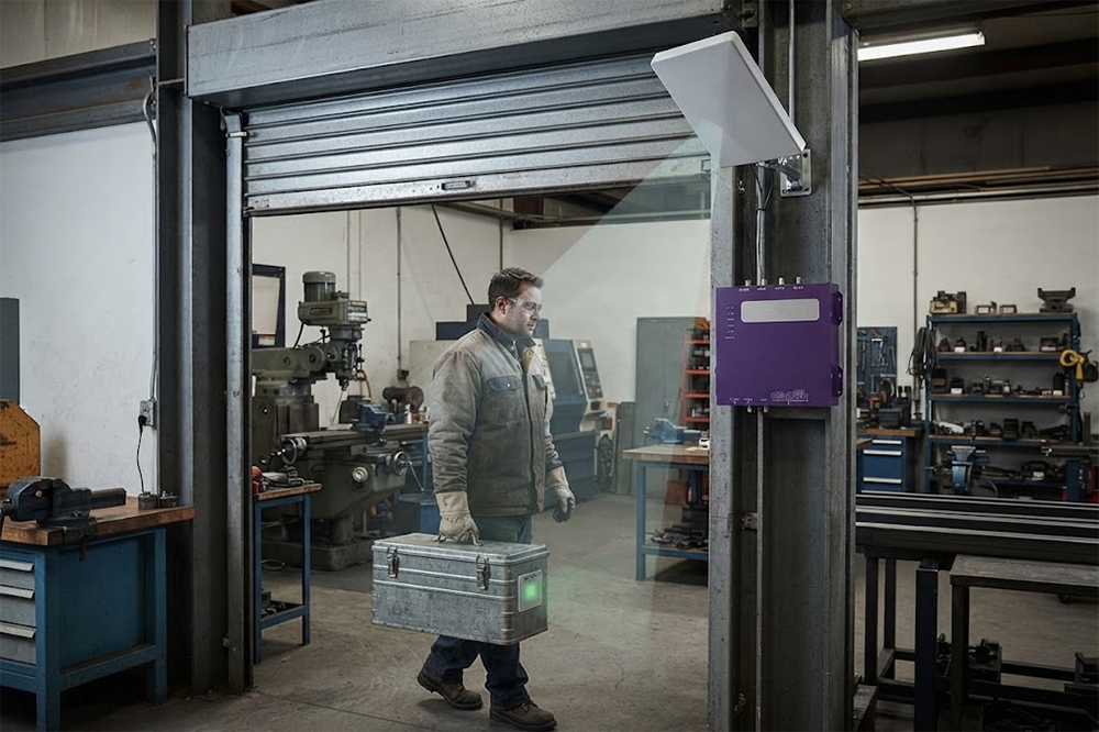 Fixed UHF RFID reader detecting tagged equipment at an industrial doorway