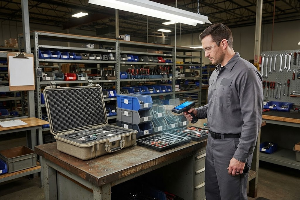 Worker using handheld RFID reader to locate tagged industrial tools