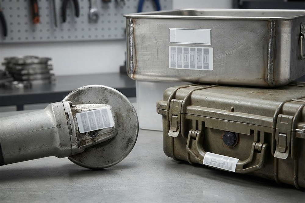 On-metal RFID tags attached to industrial tools and metal equipment