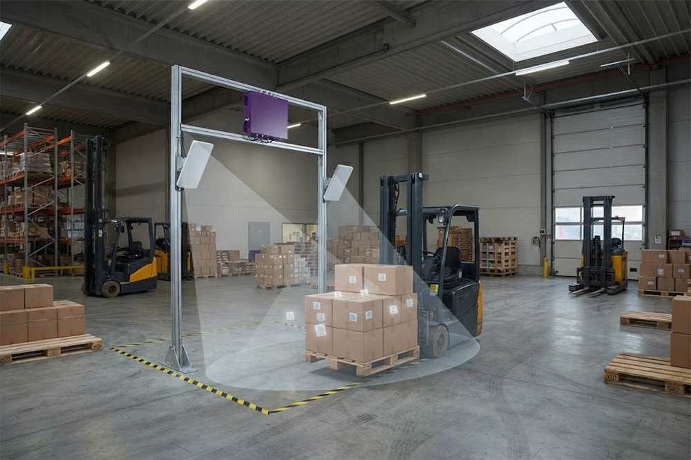 UHF RFID reader tracking tagged pallets in warehouse logistics