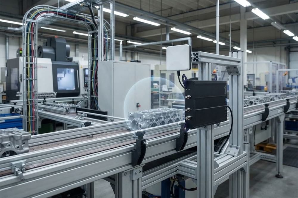 Fixed RFID reader identifying products on an automated manufacturing conveyor