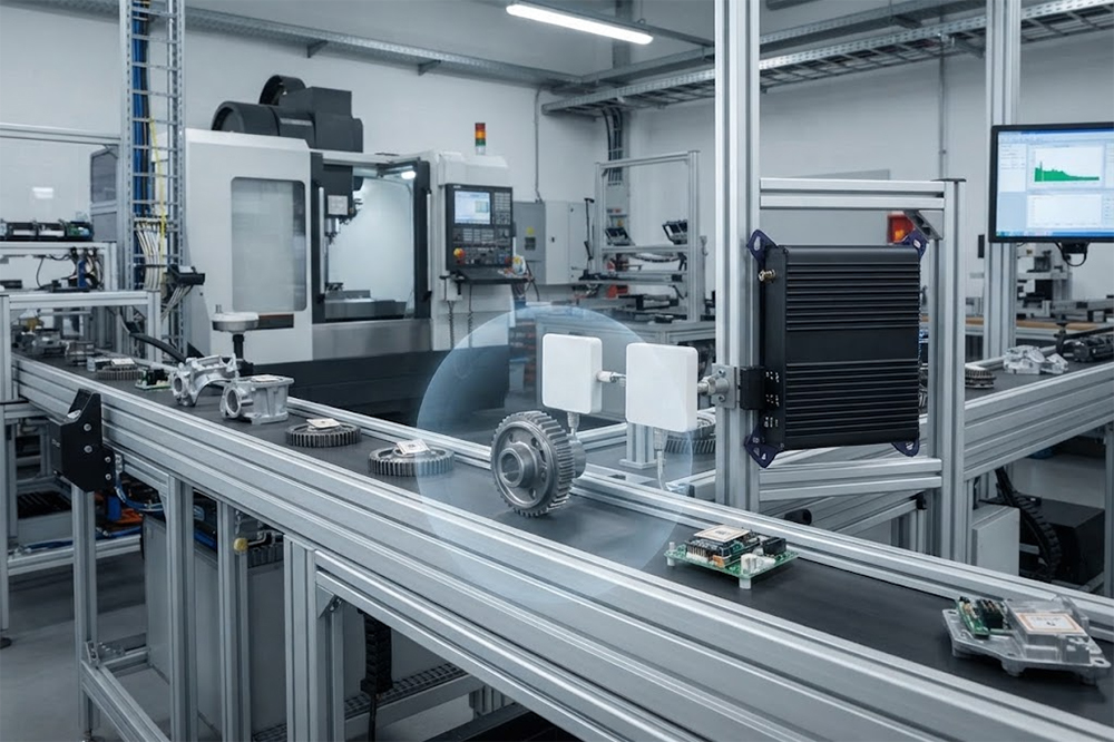 UHF RFID reader tracking tagged products moving along an industrial conveyor