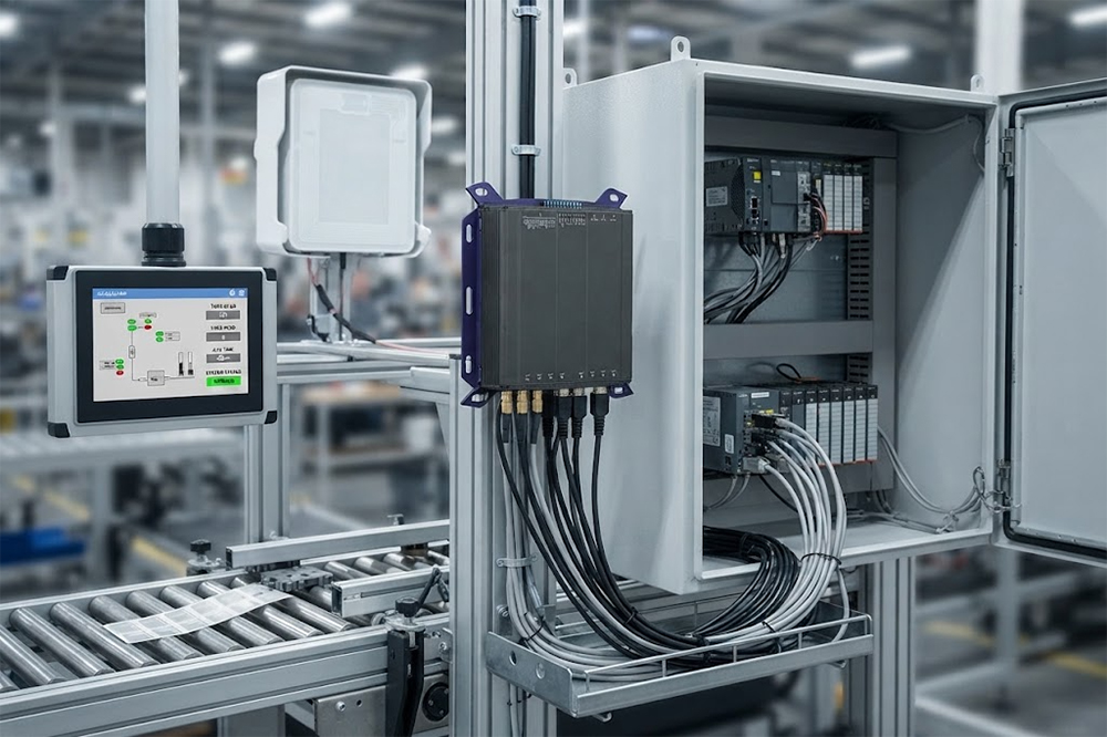 RFID reader connected to PLC control system in an automated factory