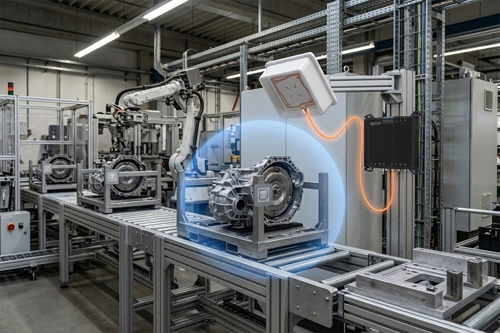 RFID reader identifying tagged production carriers in manufacturing