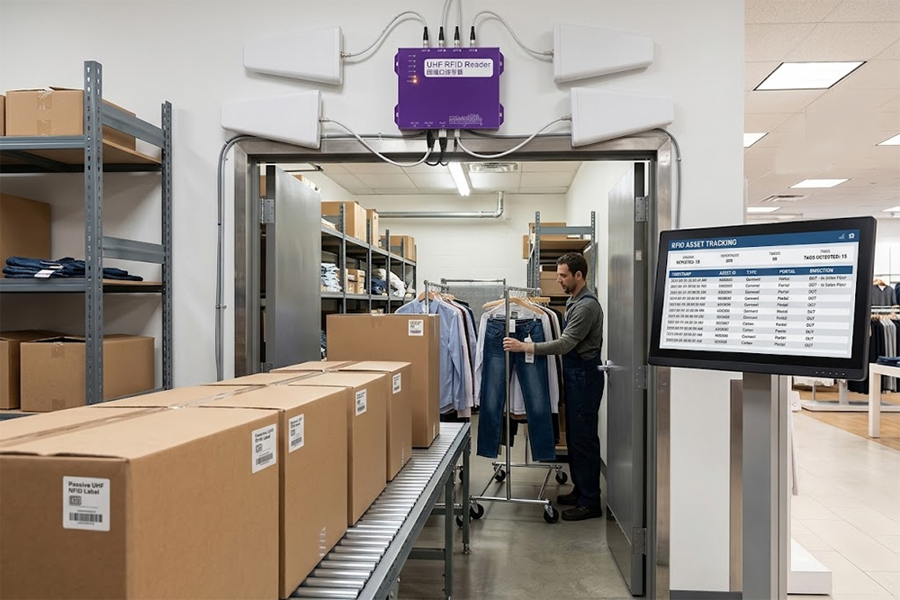 Fixed long range RFID reader tracking products at a retail stockroom